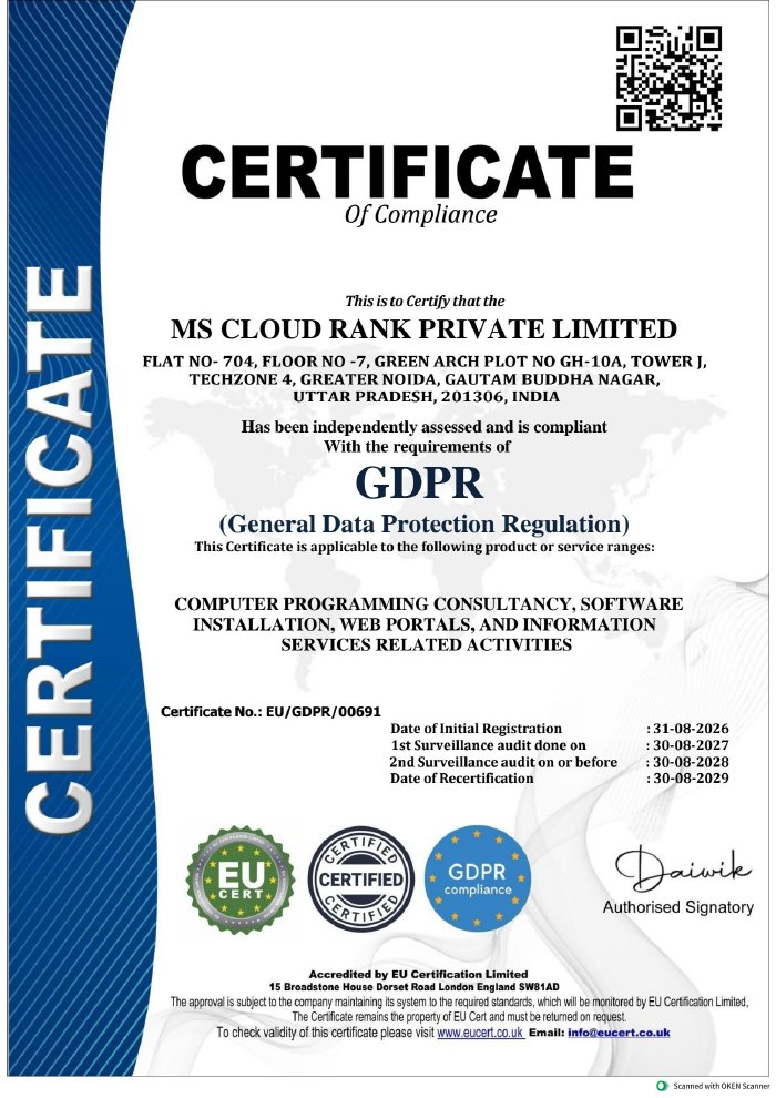 GDPR Certificate of Compliance issued to Cloud Rank by EU Certification Limited