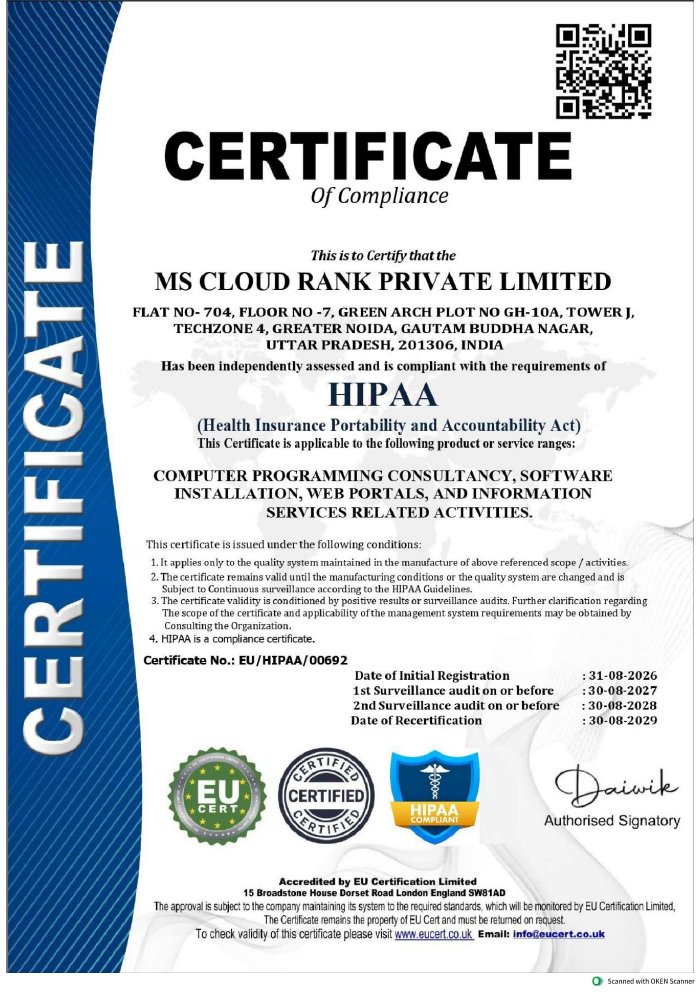 HIPAA Certificate of Compliance issued to Cloud Rank by EU Certification Limited