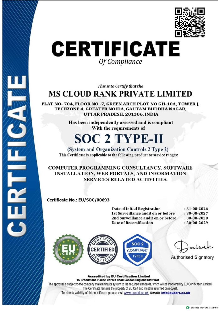 SOC 2 Type II Certificate of Compliance issued to Cloud Rank by EU Certification Limited